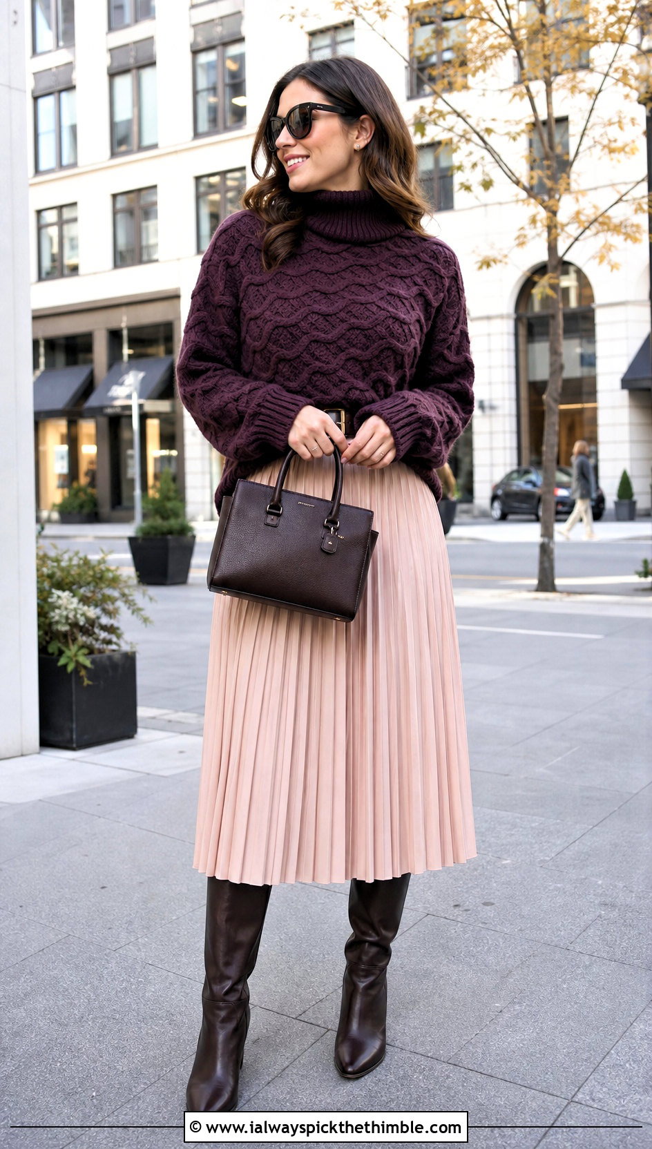 Turtleneck Ripple Sweater With Pleated Midi Skirt - 20 crochet ripple sweater outfit ideas