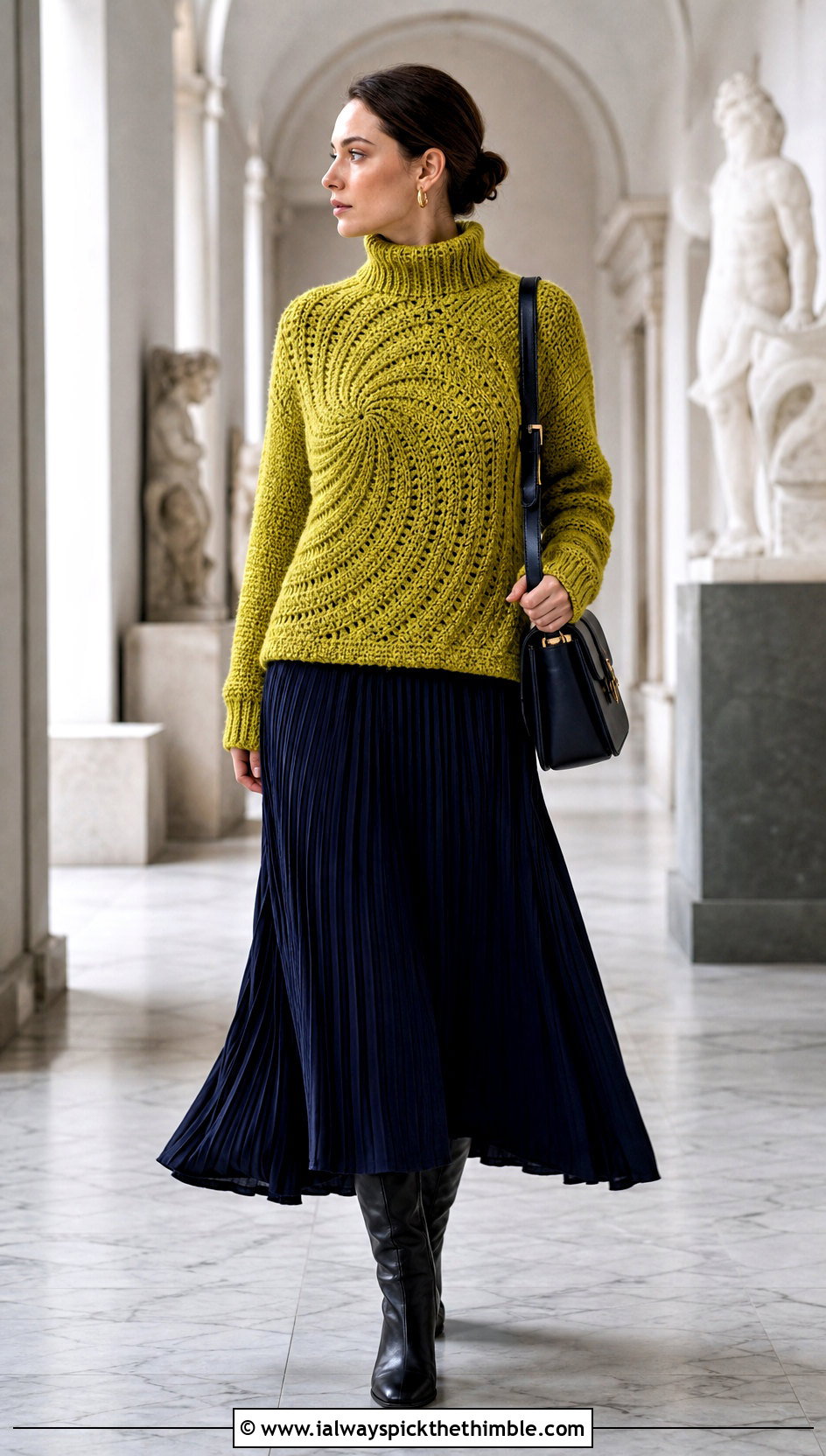 Turtleneck Spiral Crochet Sweater With Pleated Maxi Skirt - 25 spiral crochet sweater outfit ideas