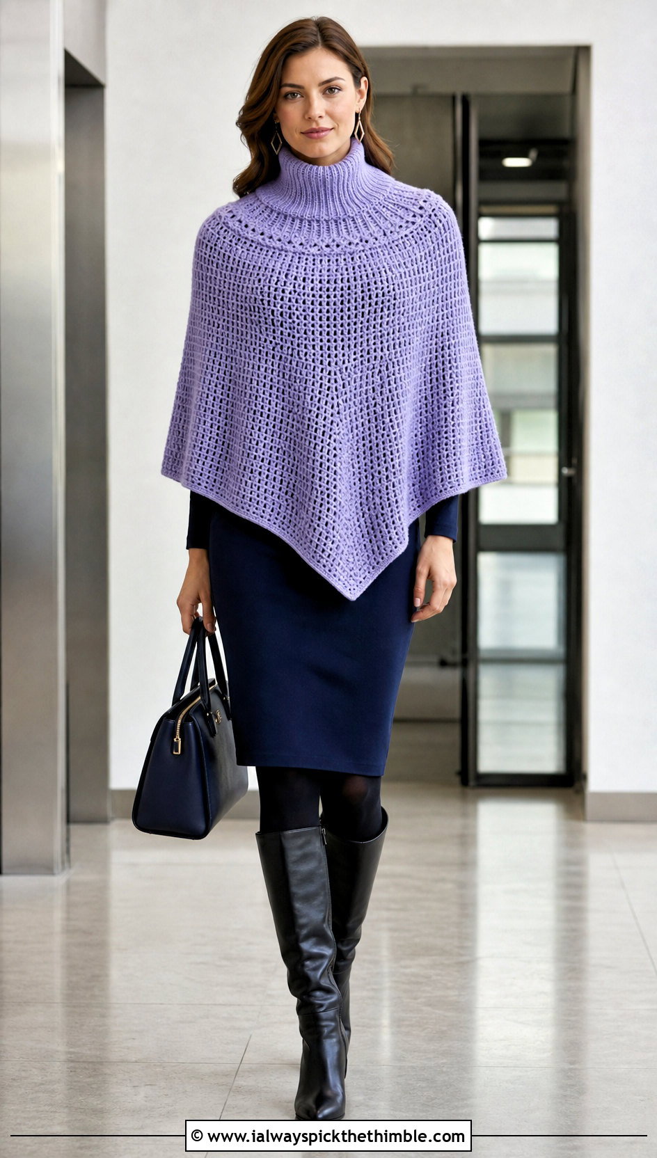 Turtleneck Square Poncho With Pencil Skirt - 20 crochet square poncho outfit ideas