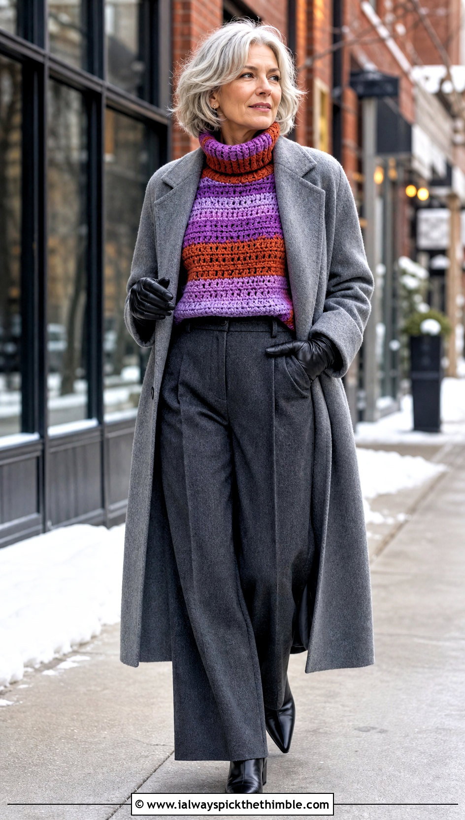 Turtleneck Striped Crochet Sweater With Wide Leg Wool Pants - 20 striped crochet sweater outfit ideas