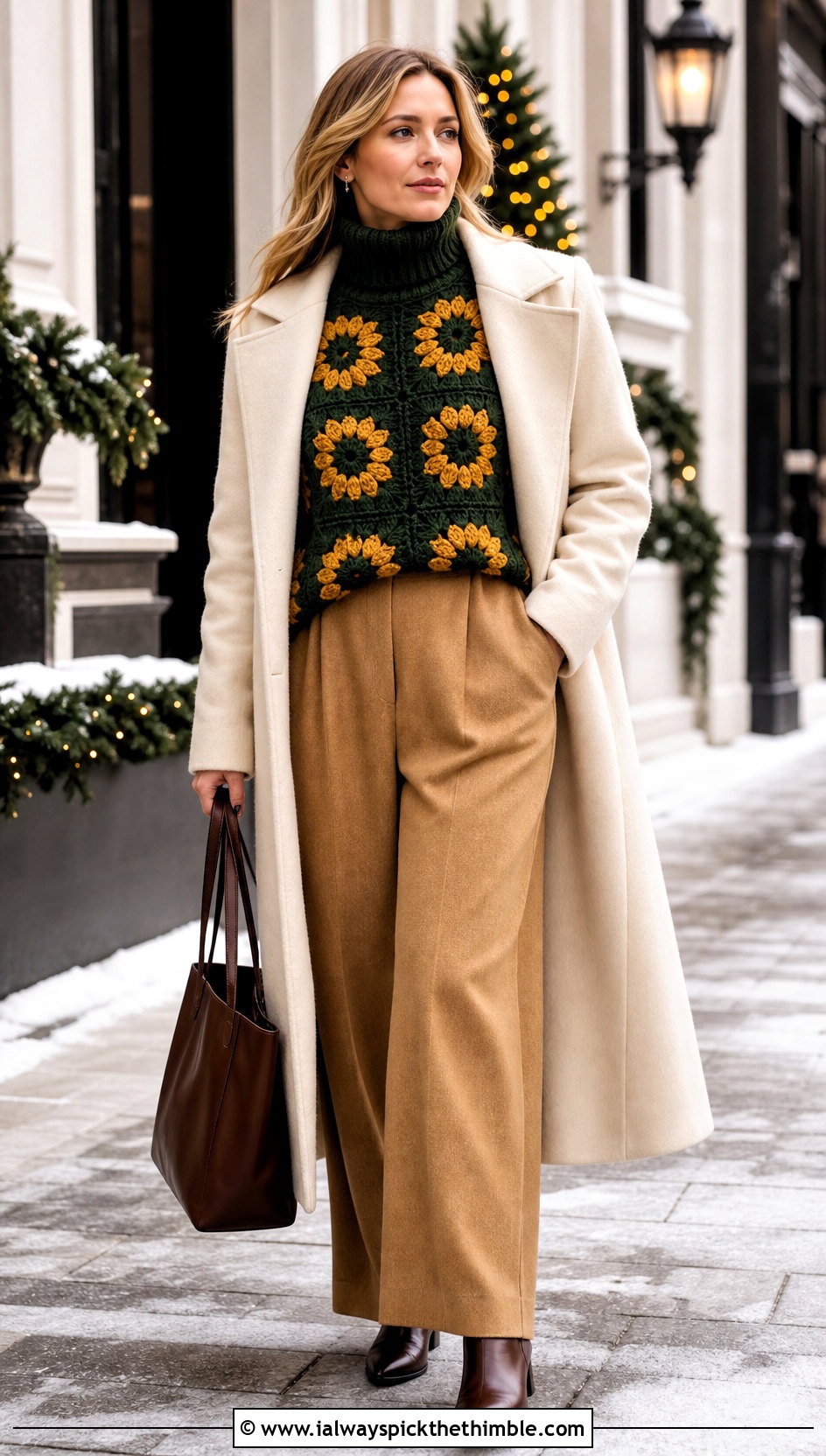 Turtleneck Sunflower Granny Square Pullover Sweater With Wool Trousers - 15 Sunflower Granny Square Pullover Sweater outfit ideas