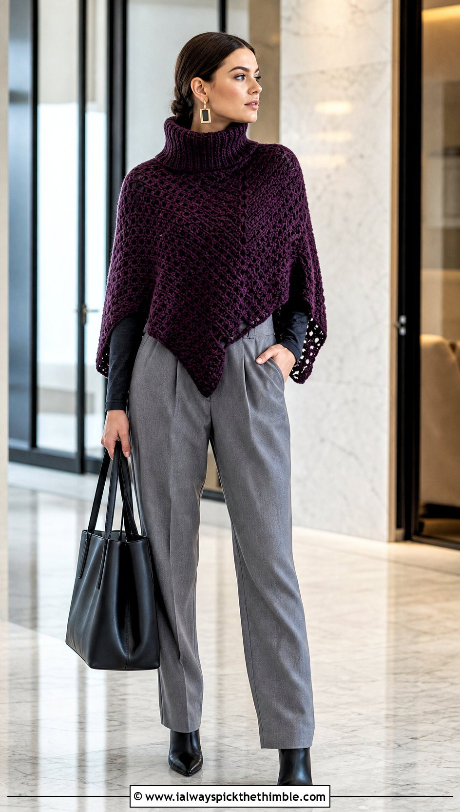 Turtleneck Uptown Crochet Poncho With Pleated Trousers - 15 Uptown Crochet Poncho outfit ideas