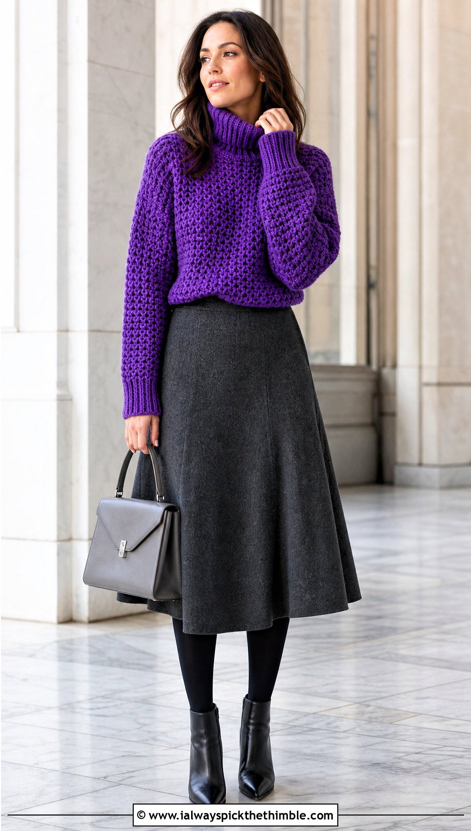 Turtleneck Waffle Stitch Crochet Sweater With Wool Midi Skirt - 20 waffle stitch crochet sweater outfit ideas