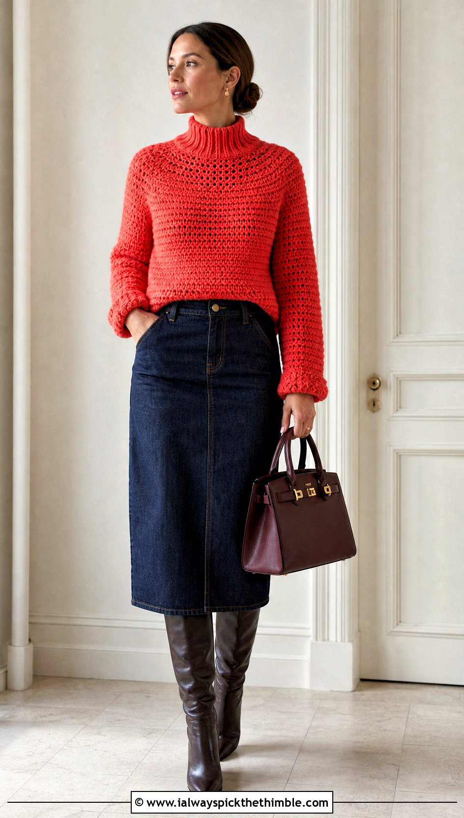 Turtleneck Yoke Crochet Sweater With Pencil Skirt - 20 Yoke Down Crochet Sweater outfit ideas