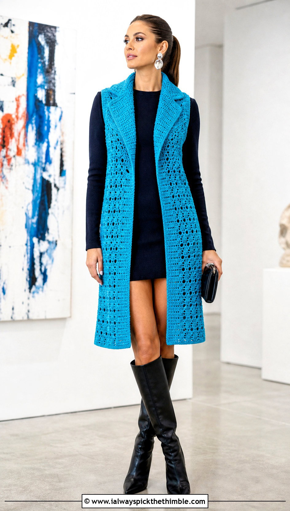 Tuxedo Collar Crochet Vest With Mini Dress - 25 crochet vest woman outfit ideas