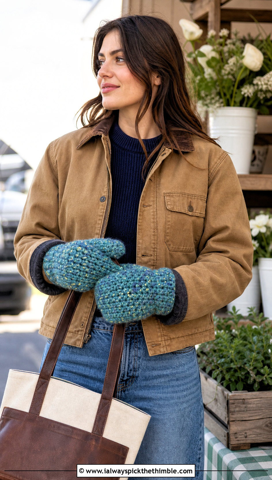 Tweed Crochet Chunky Mittens With Barn Jacket And Barrel Jeans - 20 crochet chunky mittens outfit ideas