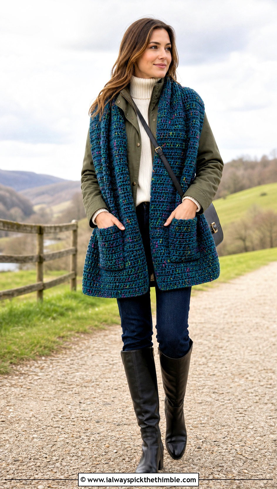 Tweed Crochet Wrap With Field Jacket And Riding Boots - 25 crochet wrap with pockets outfit ideas