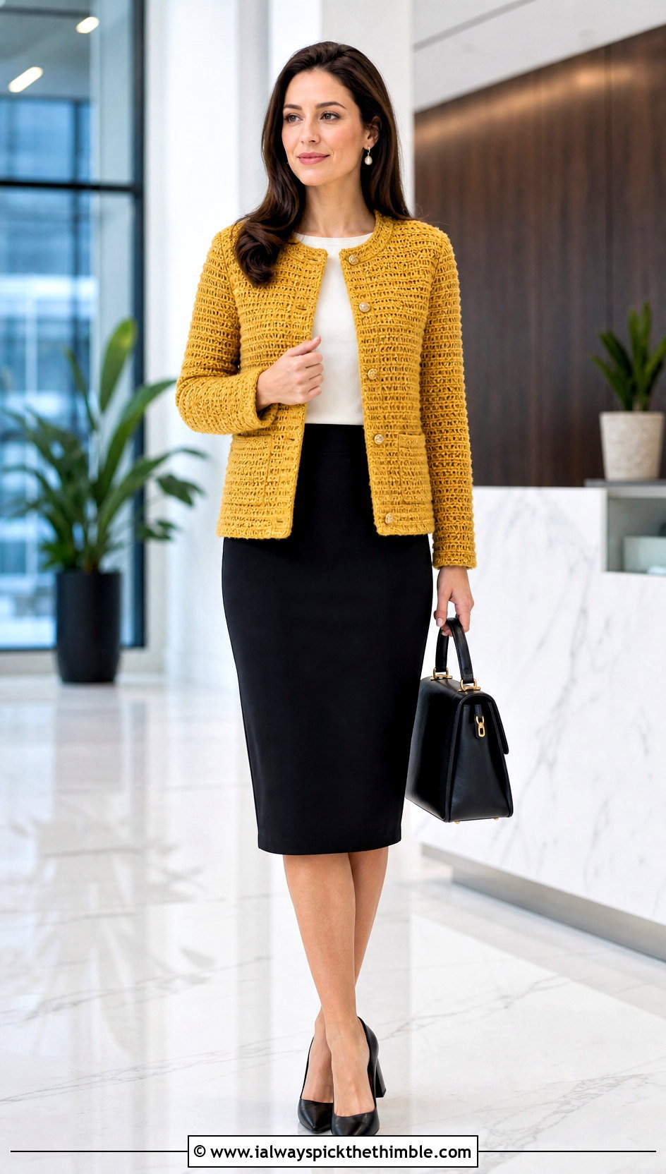 Tweed Stitch Crochet Sweater Jacket With Pencil Skirt - 20 Crochet Sweater Jacket outfit ideas