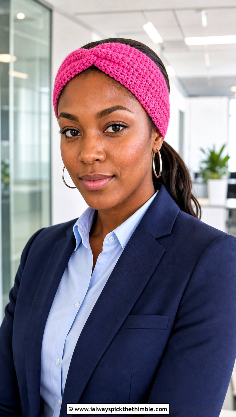 Twist Crochet Headband With Blazer And Trousers - 20 simple crochet head bands outfit ideas