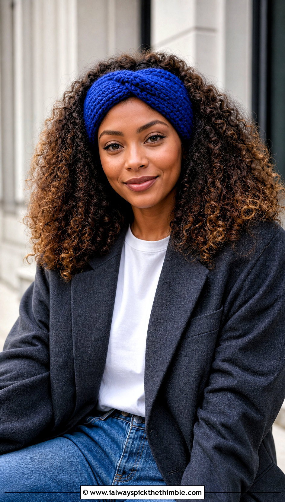 Twist Crochet Headband With Jeans And Blazer - 20 crochet headband curly hair outfit ideas
