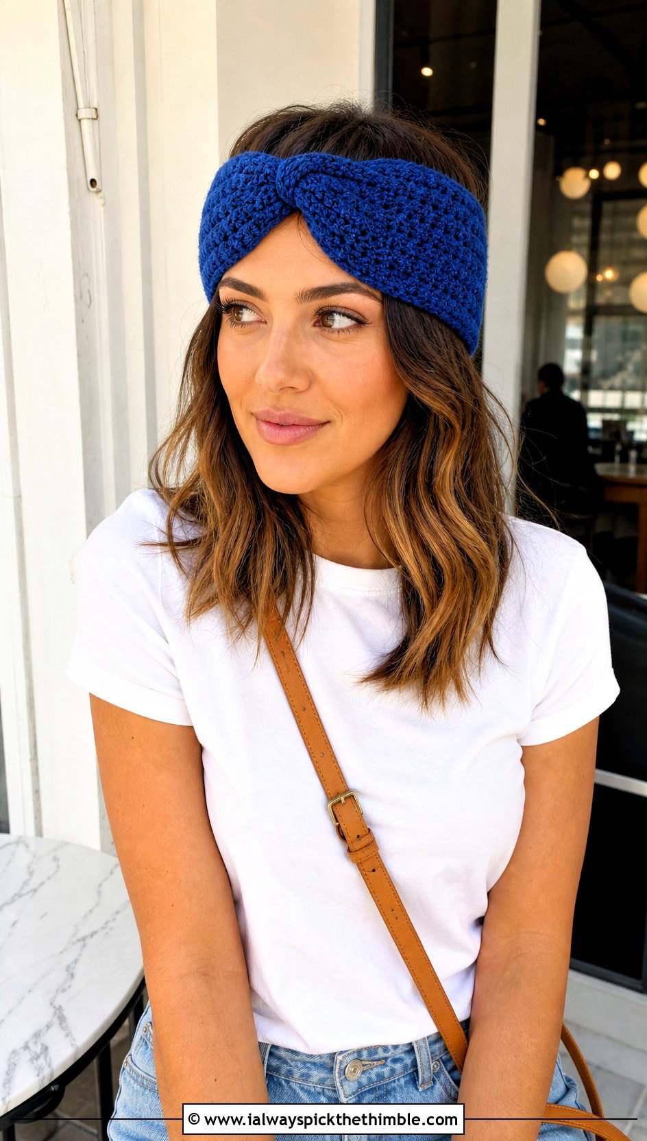 Twist Crochet Headband With White Tee And Jeans - 25 simple crochet headband outfit ideas