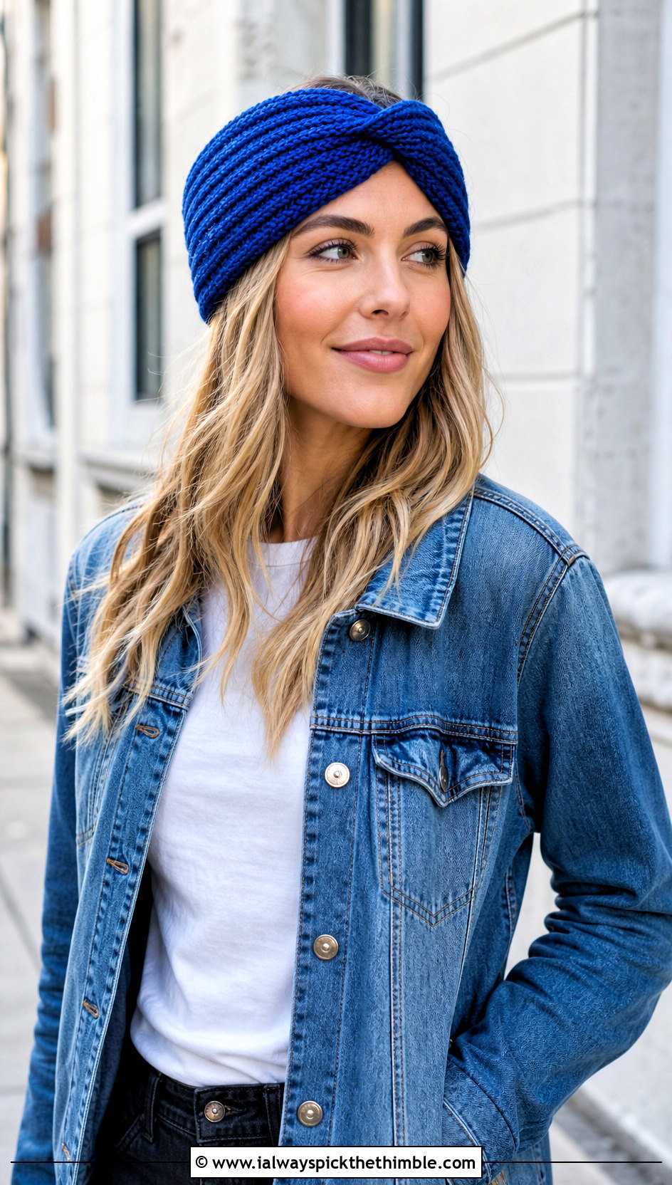 Twist Front Crochet Ear Warmer With Denim Jacket - 20 Quick Crochet Ear Warmer outfit ideas