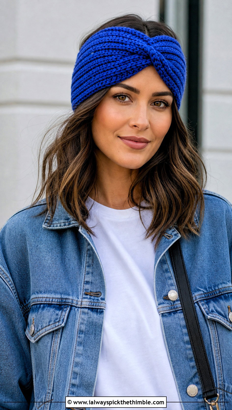 Twist Front Crochet Ear Warmer With Denim Jacket - 20 Beginner Crochet Ear Warmer outfit ideas