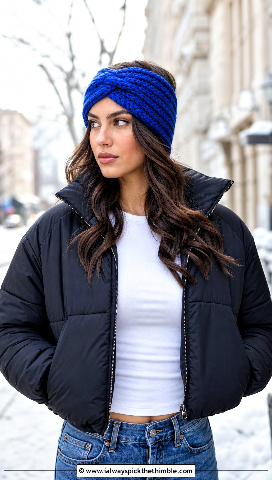 Twist Front Crochet Ear Warmer With Puffer Jacket - 20 Diy Crochet Headband Ear Warmers outfit ideas