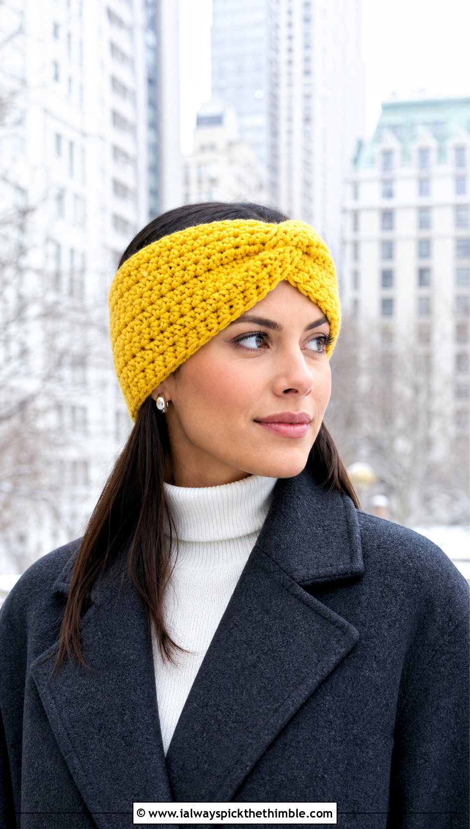 Twist Front Crochet Ear Warmer With Wool Coat - 25 crochet ear warmers outfit ideas