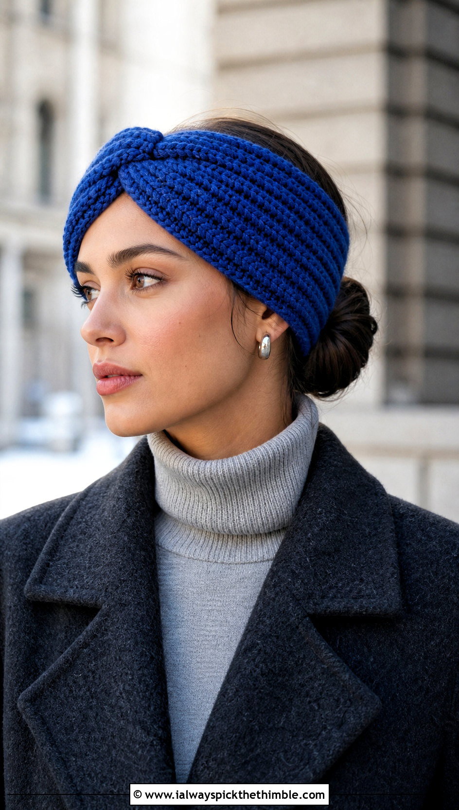 Twist Front Crochet Ear Warmer With Wool Coat - 20 Crochet Headband Ear Warmer outfit ideas