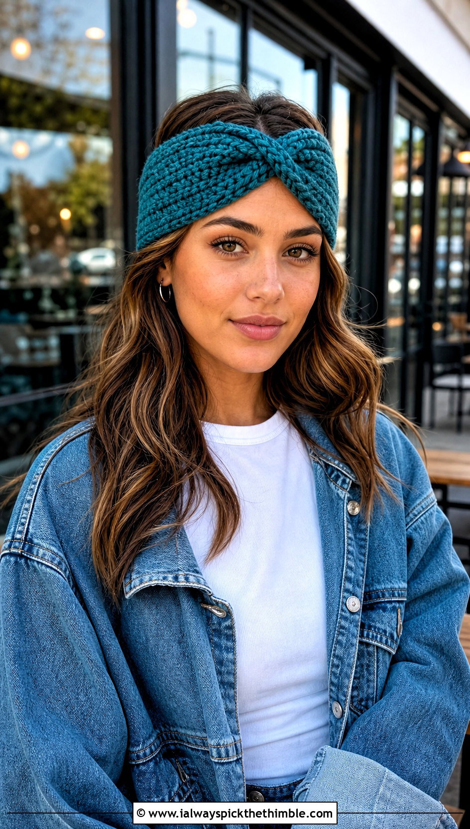 Twist Front Crochet Headband Ear Warmer With Denim Jacket - 20 Crochet Headband Ear Warmers outfit ideas