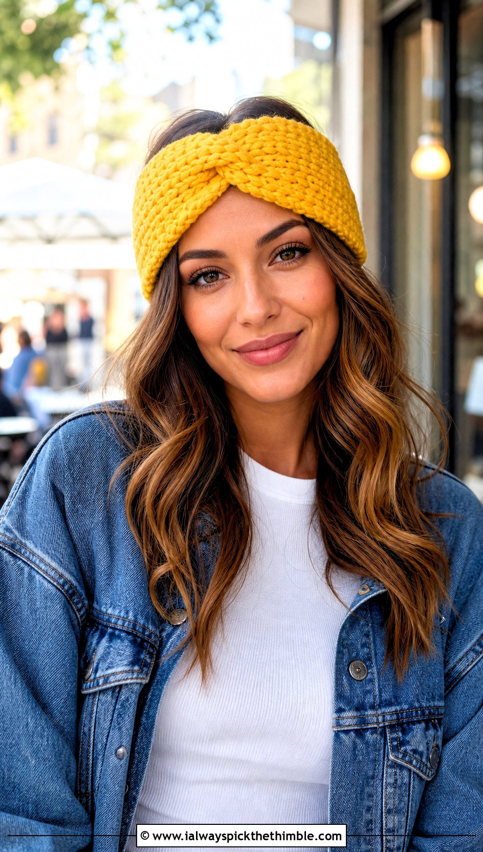 Twist Front Crochet Headband With Denim Jacket - 20 crochet fall headband outfit ideas