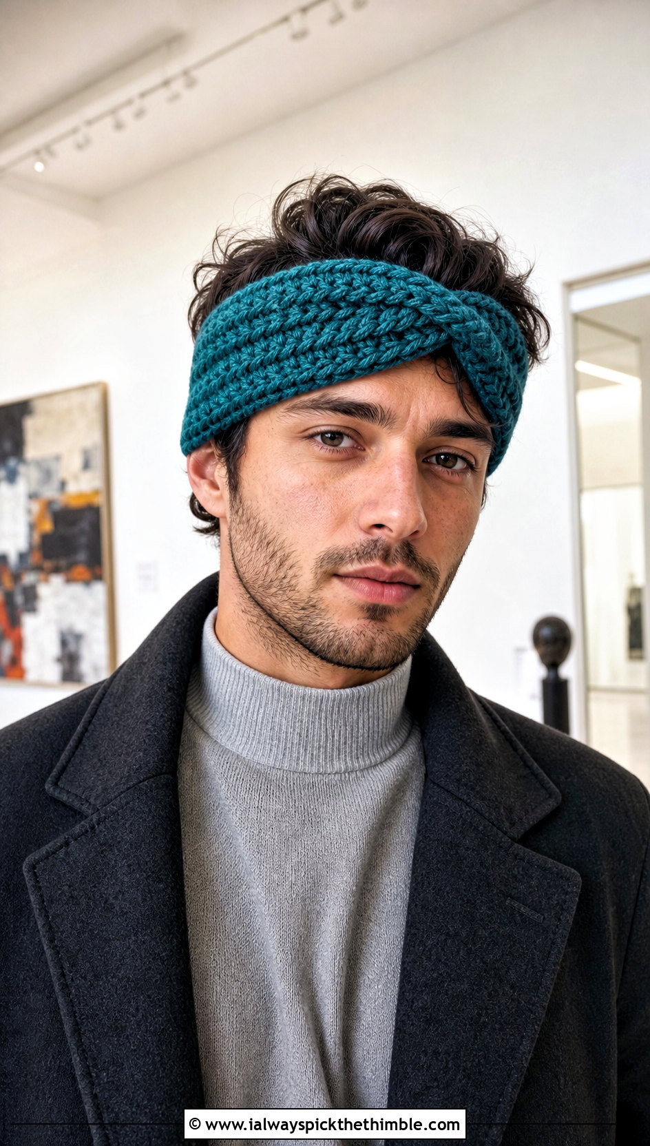 Twist Front Crochet Headband With Tailored Overcoat - 20 men's crochet headband outfit ideas
