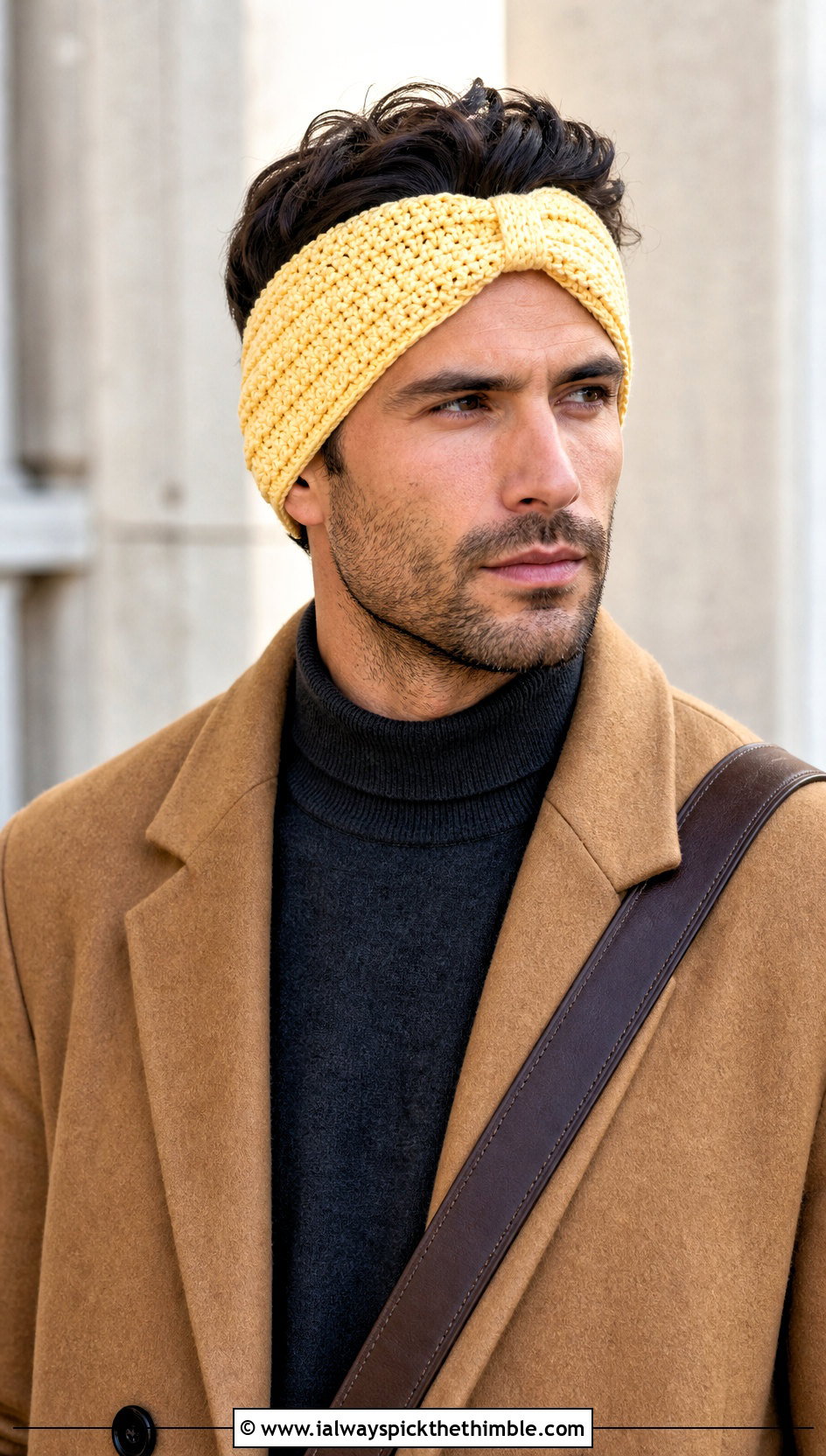 Twist Front Crochet Headband With Tailored Overcoat - 15 Crochet Headband For Men outfit ideas