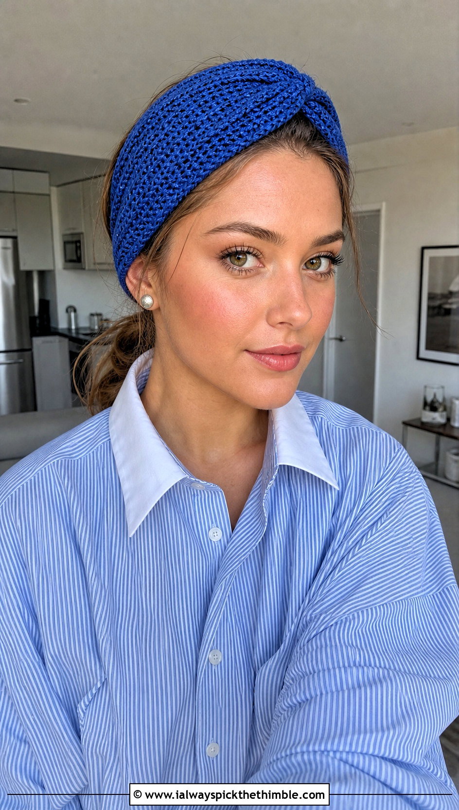Twist Front Crochet Makeup Headband With Button Down Shirt - 20 Crochet Makeup Headband outfit ideas