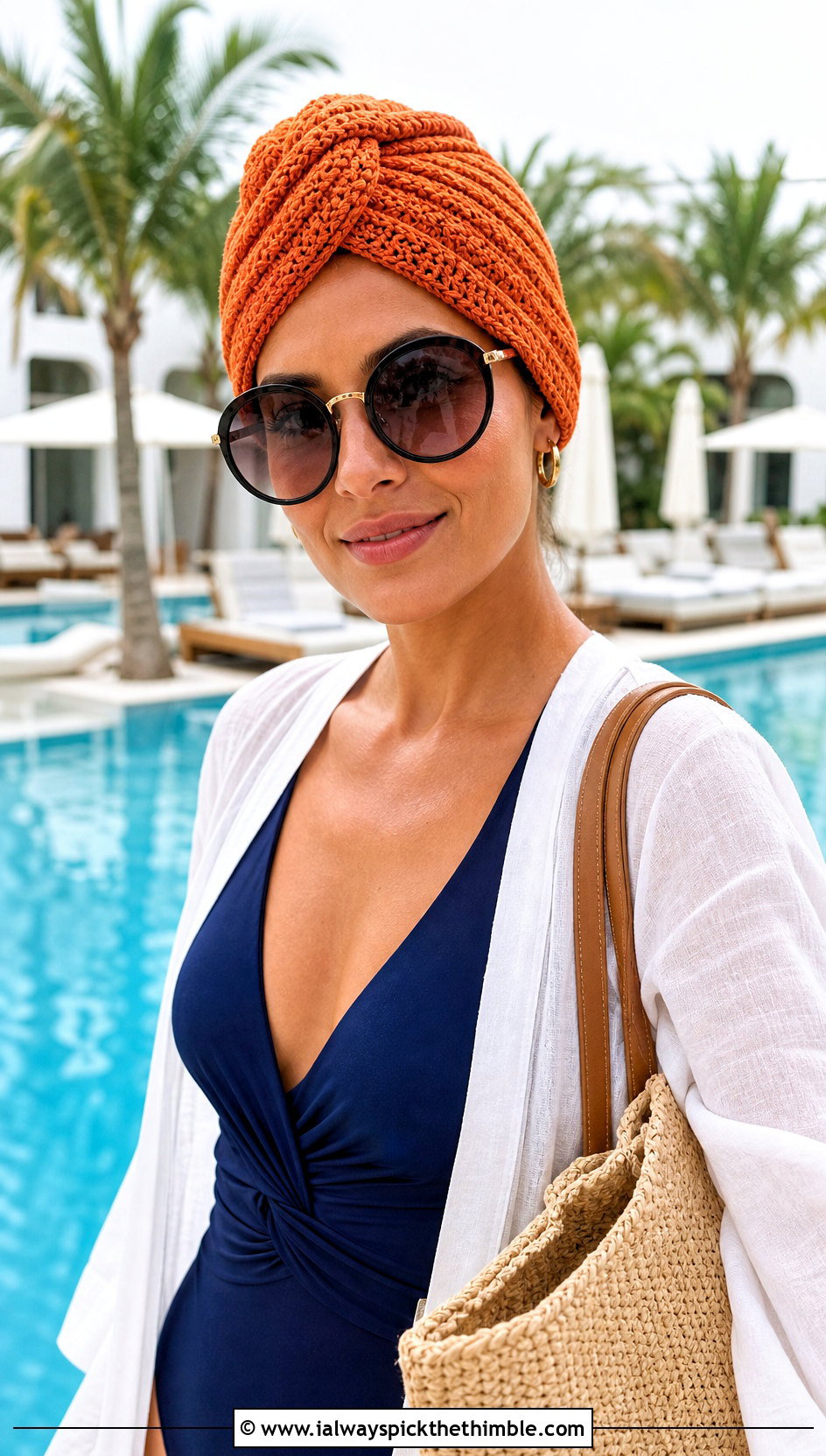 Twist Front Crochet Turban Hair Wrap With Swimsuit And Cover Up - 25 crochet hair wrap outfit ideas