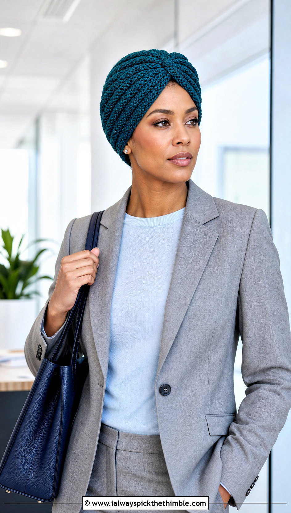 Twist Front Crochet Turban With Blazer And Trousers - 25 crochet turban outfit ideas