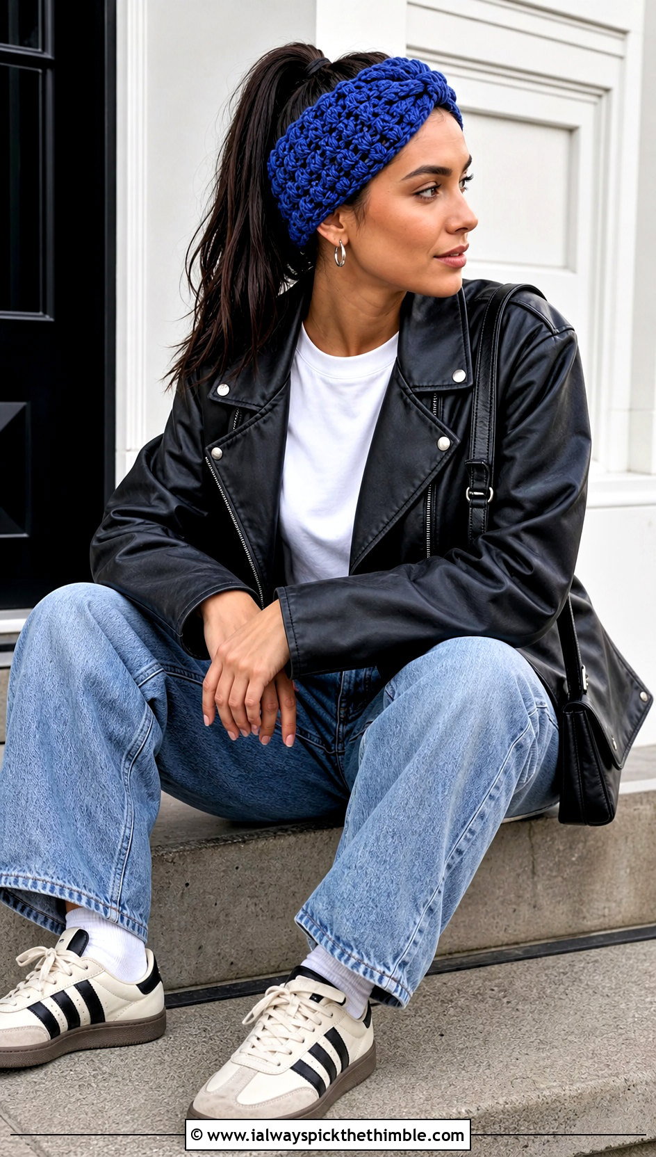 Twist Front Jasmine Stitch Headband With Leather Jacket - 20 Crochet Jasmine Stitch Headband outfit ideas