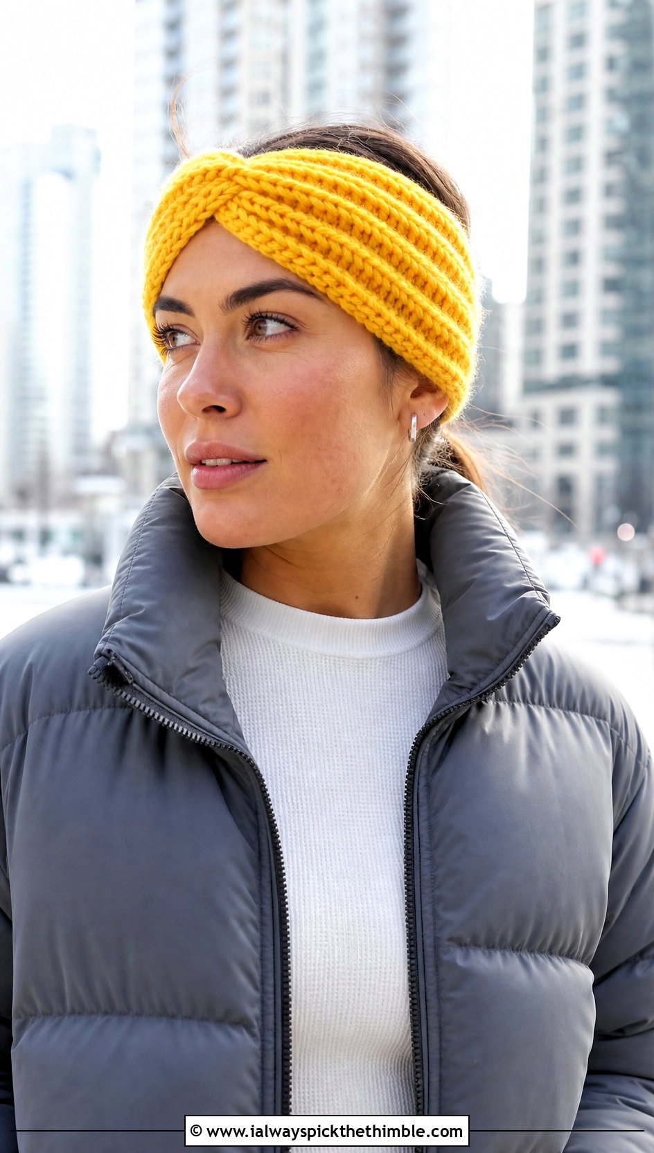 Twist Front Ribbed Crochet Ear Headband With Puffer Jacket - 20 crochet ear headband outfit ideas
