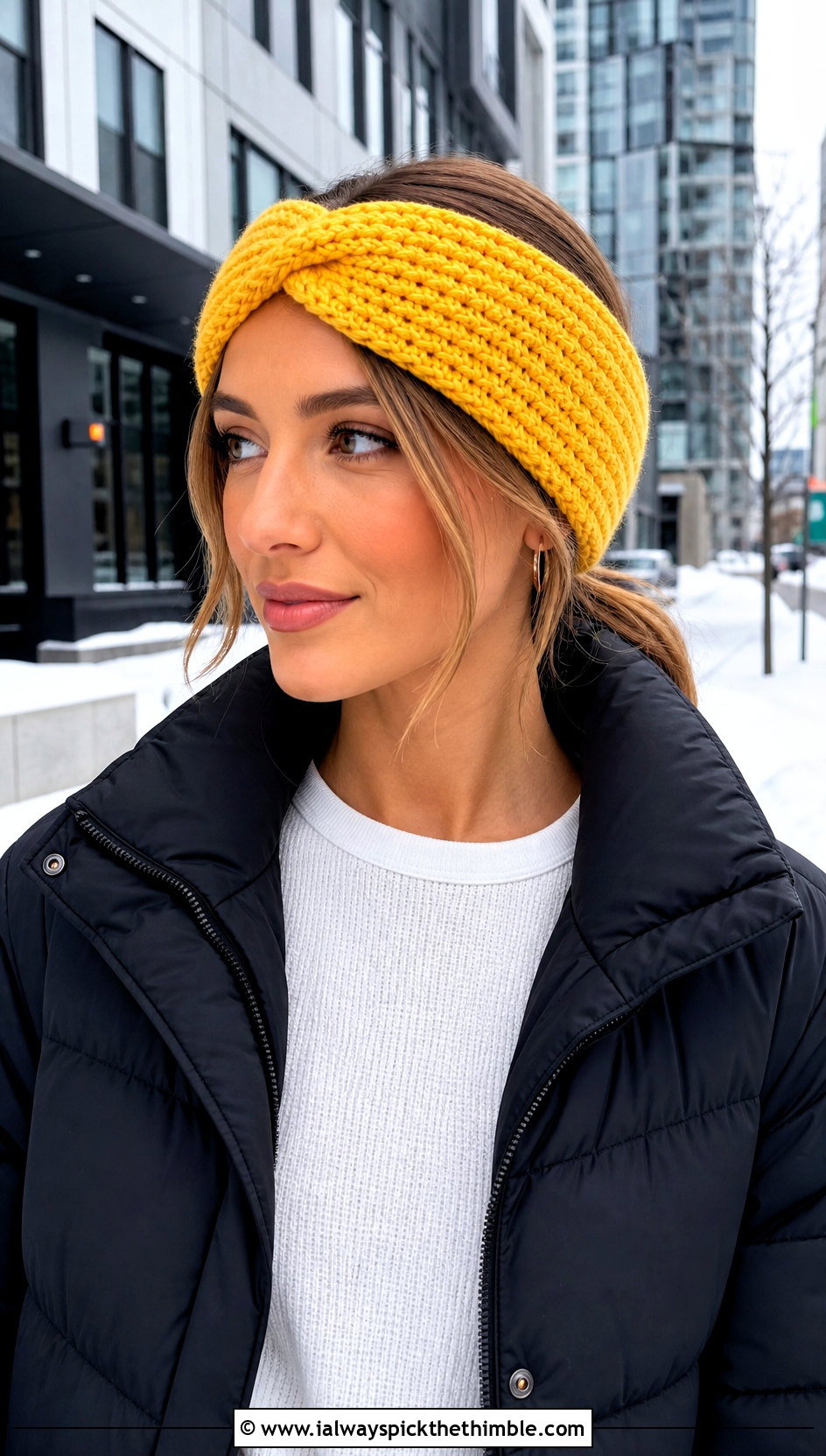 Twist Front Ribbed Crochet Ear Warmer Headband With Puffer Jacket - 20 crochet ear warmer headband outfit ideas