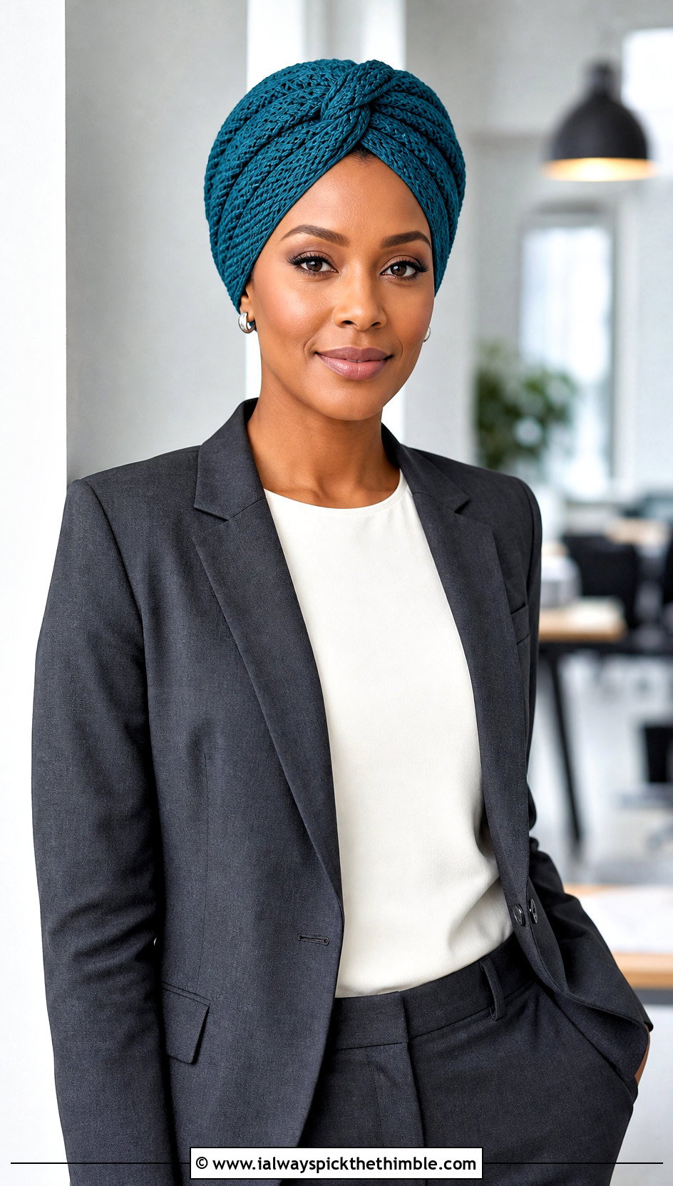 Twist Knot Crochet Headwrap With Blazer And Trousers - 25 crochet headwrap outfit ideas