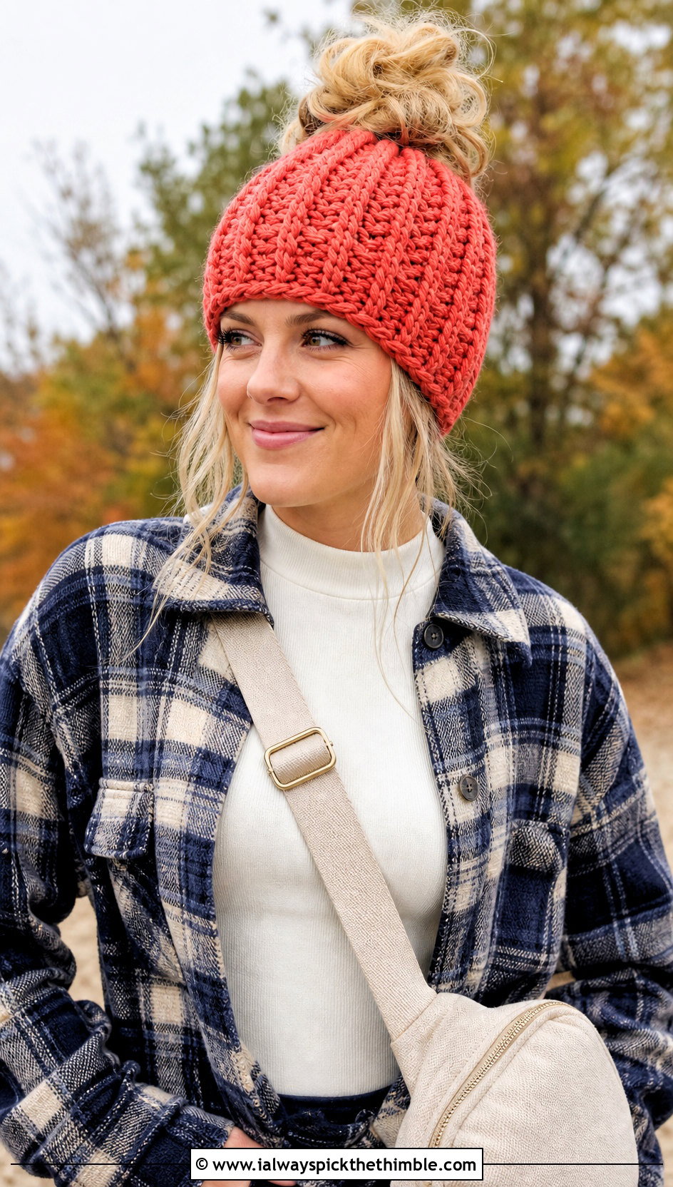 Twist Stitch Messy Bun Crochet Hat With Plaid Shacket - 20 Easy Messy Bun Crochet Hat outfit ideas
