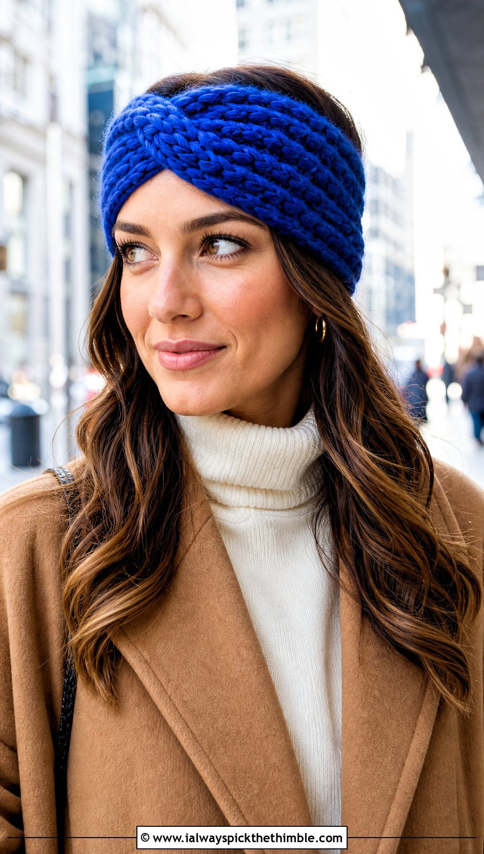 Twisted Bulky Yarn Crochet Headband With Wool Coat - 20 bulky yarn crochet headband outfit ideas