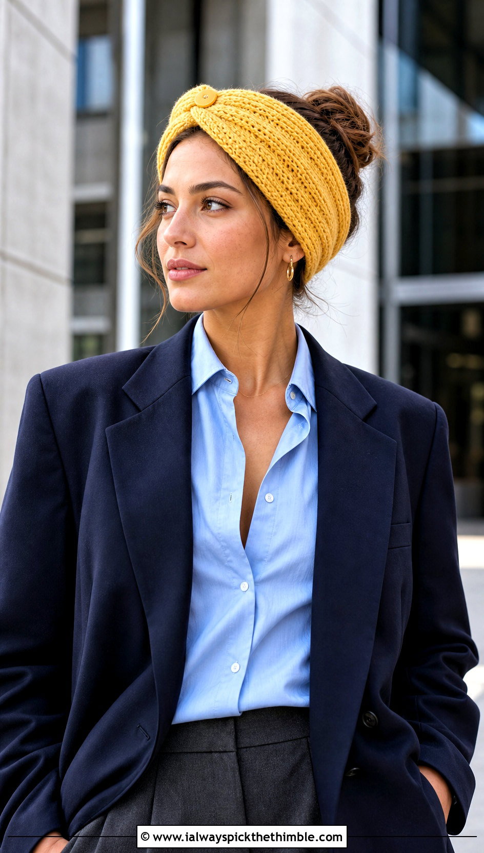 Twisted Button Turban Headband With Blazer And Trousers - 15 Crochet Headband With Button outfit ideas