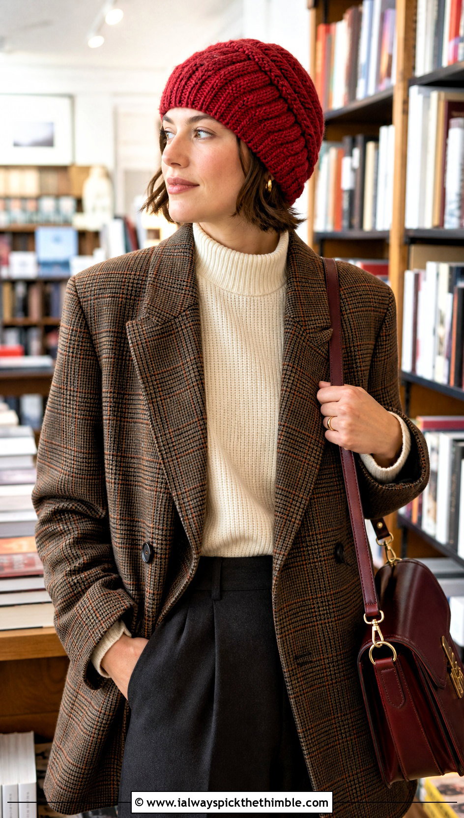 Twisted Cable Crochet Hat With Plaid Blazer - 20 Cable Crochet Hat outfit ideas