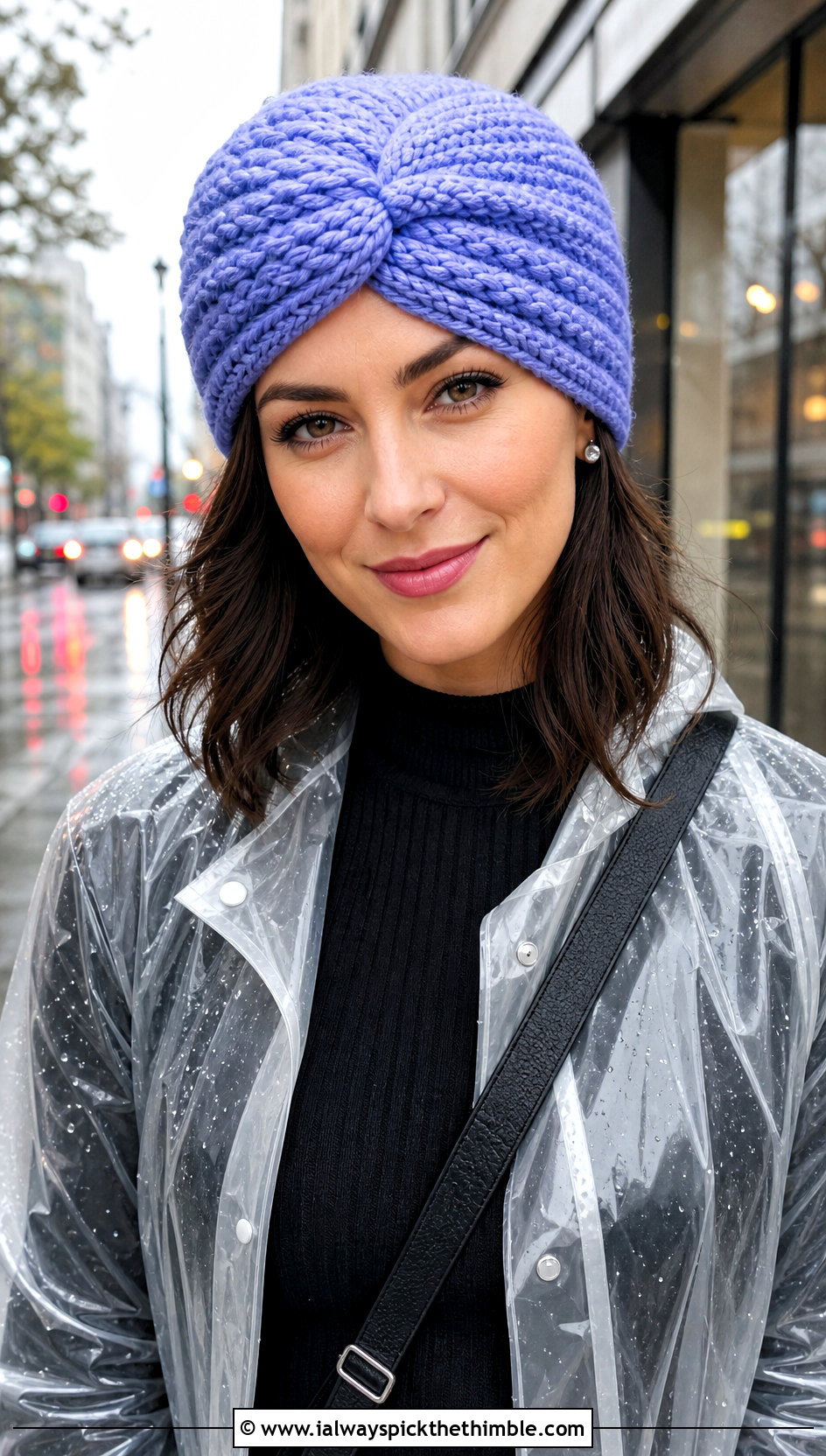 Twisted Cable Turban Hat With Raincoat - 20 Crochet Cable Stitch Hat outfit ideas
