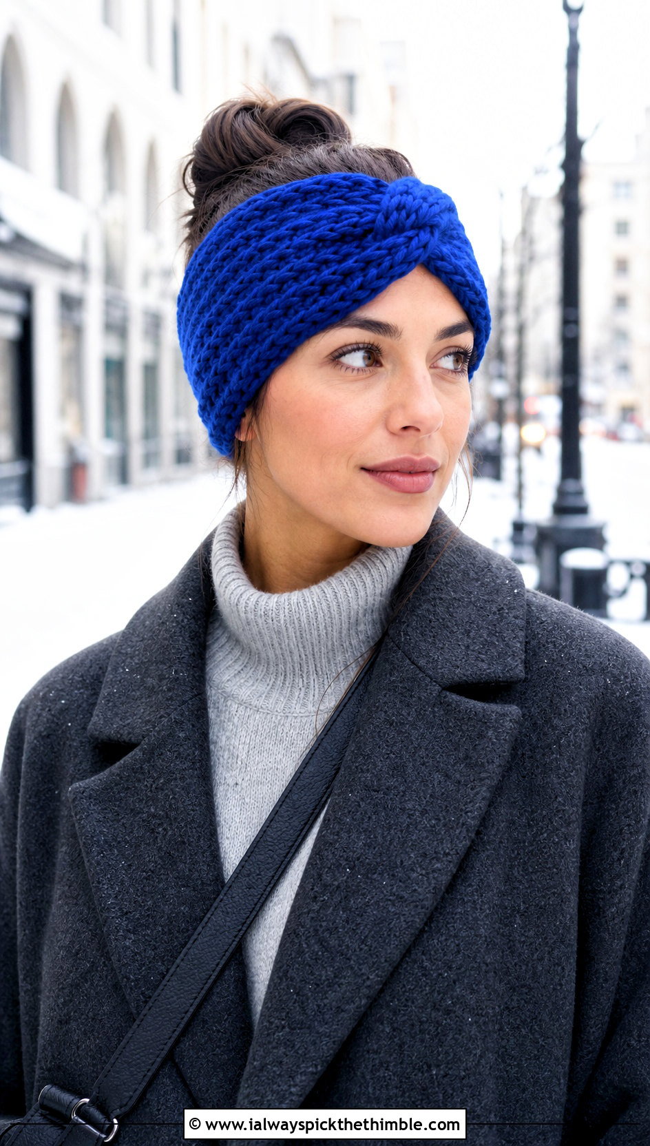 Twisted Chunky Crochet Headband With Wool Coat - 20 chunky crochet headband outfit ideas