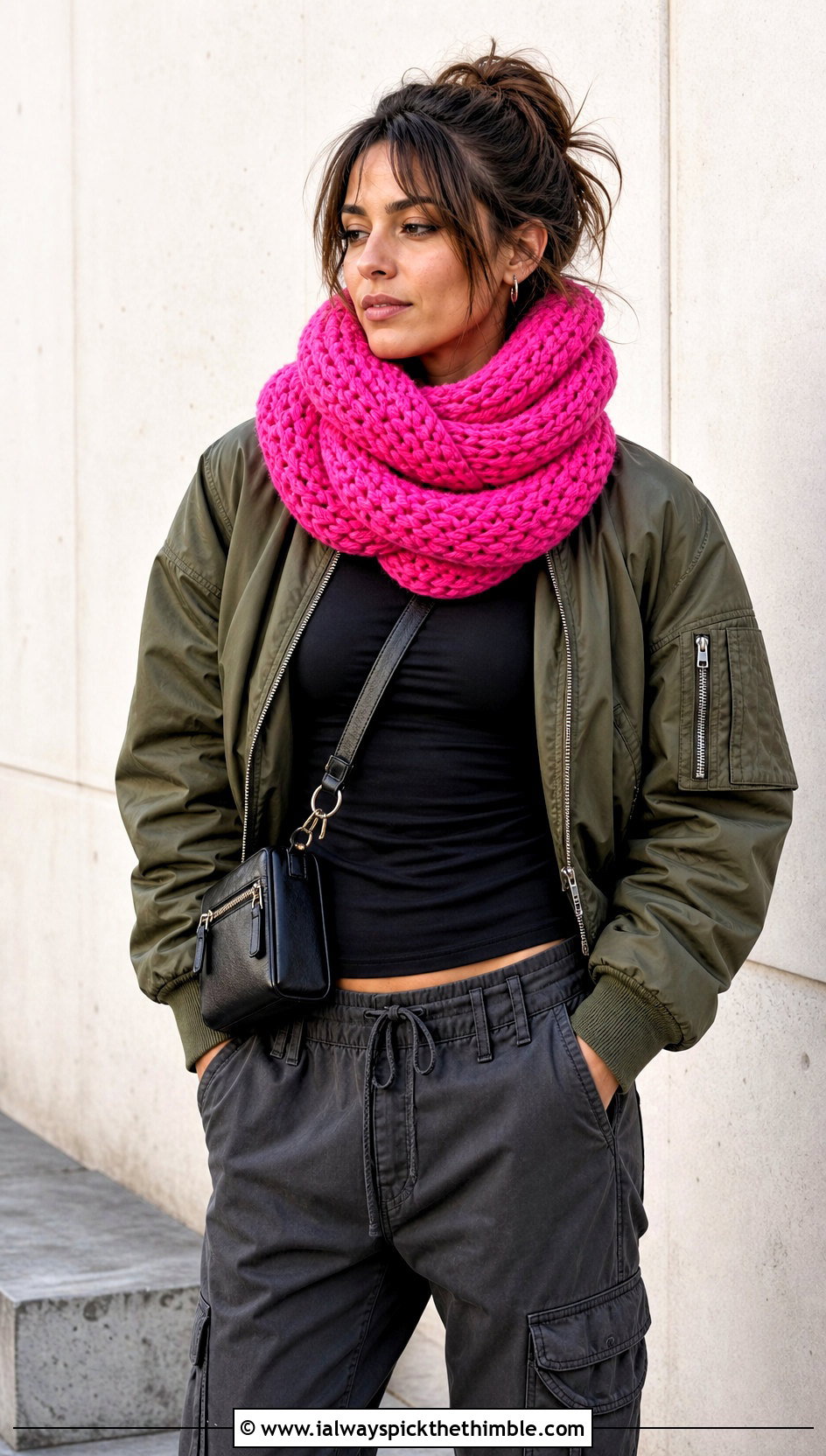 Twisted Chunky Crochet Infinity Scarf With Cargo Pants - 20 Chunky Crochet Infinity Scarf outfit ideas