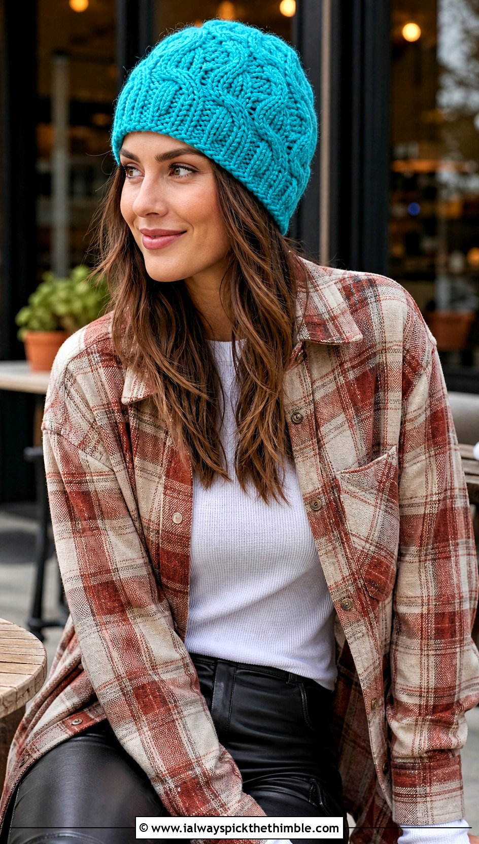 Twisted Crochet Cable Beanie With Flannel Shirt - 25 crochet cable hat outfit ideas