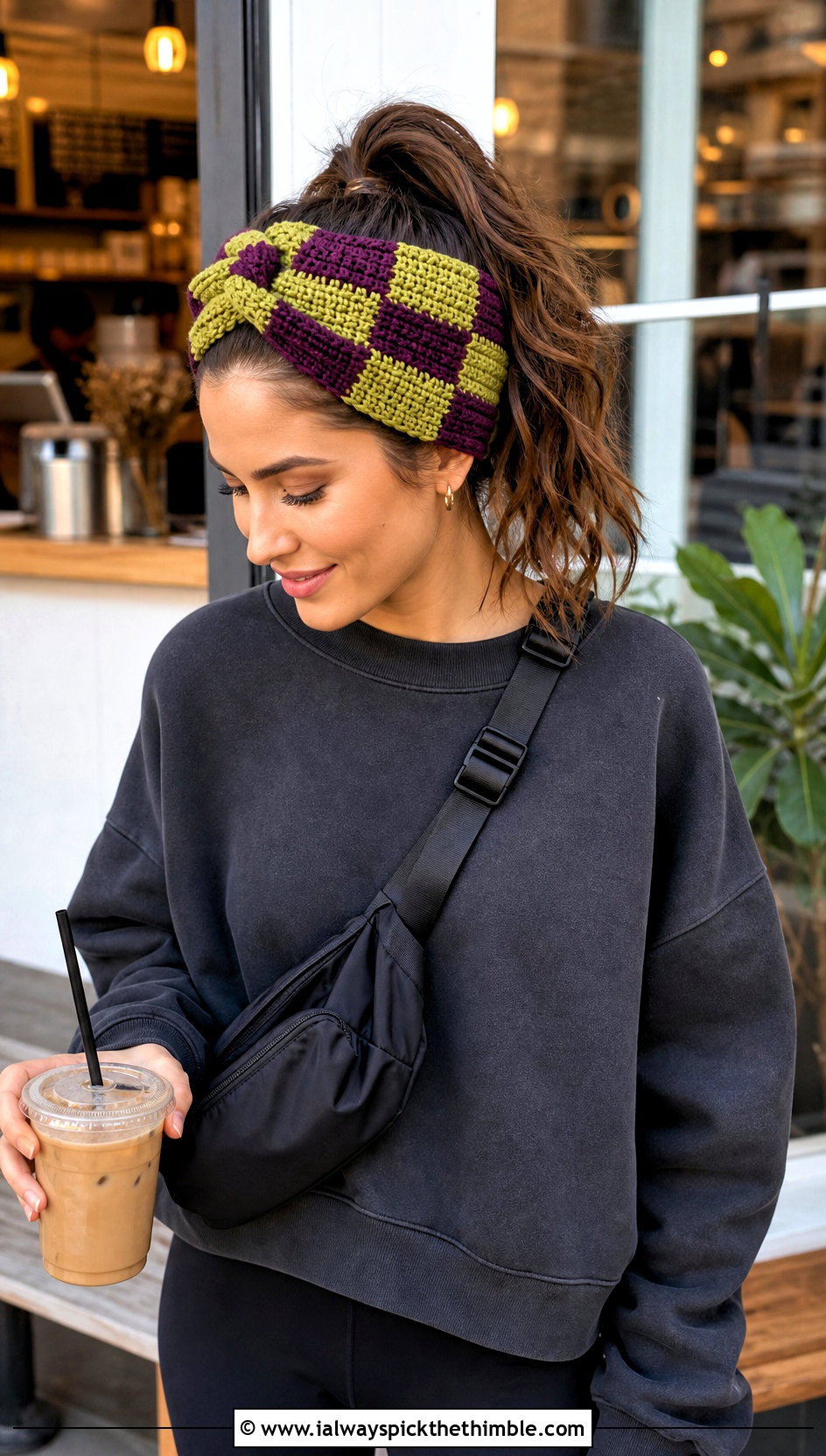 Twisted Crochet Checkered Headband With Sweatshirt And Leggings - 20 crochet checkered headband outfit ideas