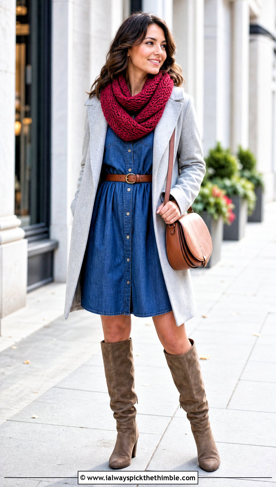 Twisted Crochet Cowl With Denim Shirt Dress - 20 Wool Ease Thick And Quick Crochet Cowl outfit ideas