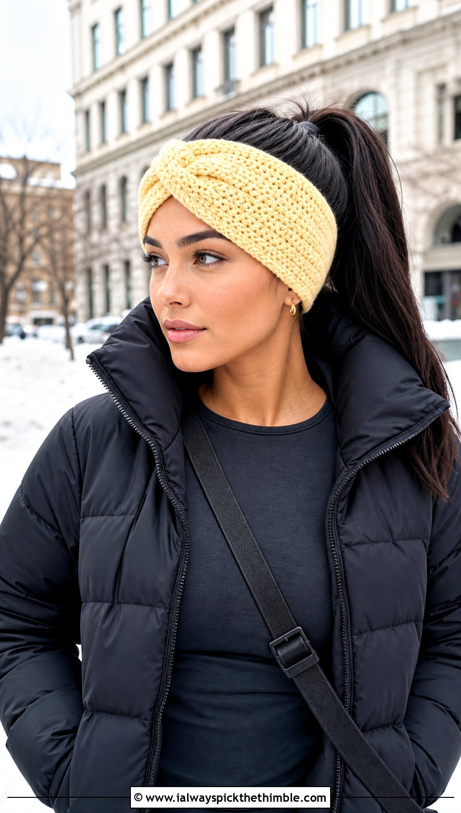 Twisted Crochet Ear Warmer With Puffer Jacket and Leggings - 20 Simple Crochet Ear Warmer outfit ideas
