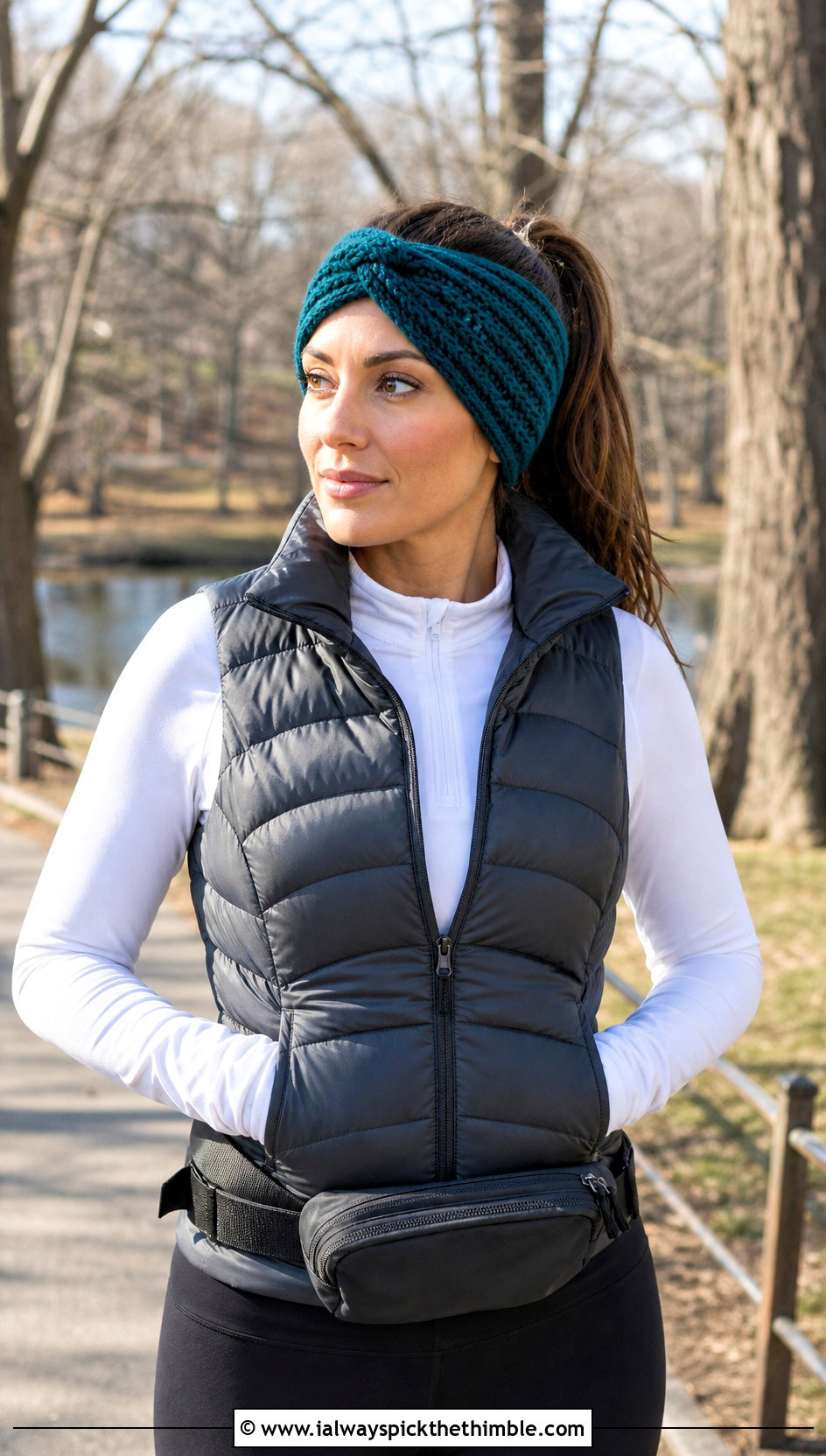 Twisted Crochet Ear Warmer With Puffer Vest And Leggings - 20 crochet head wrap outfit ideas