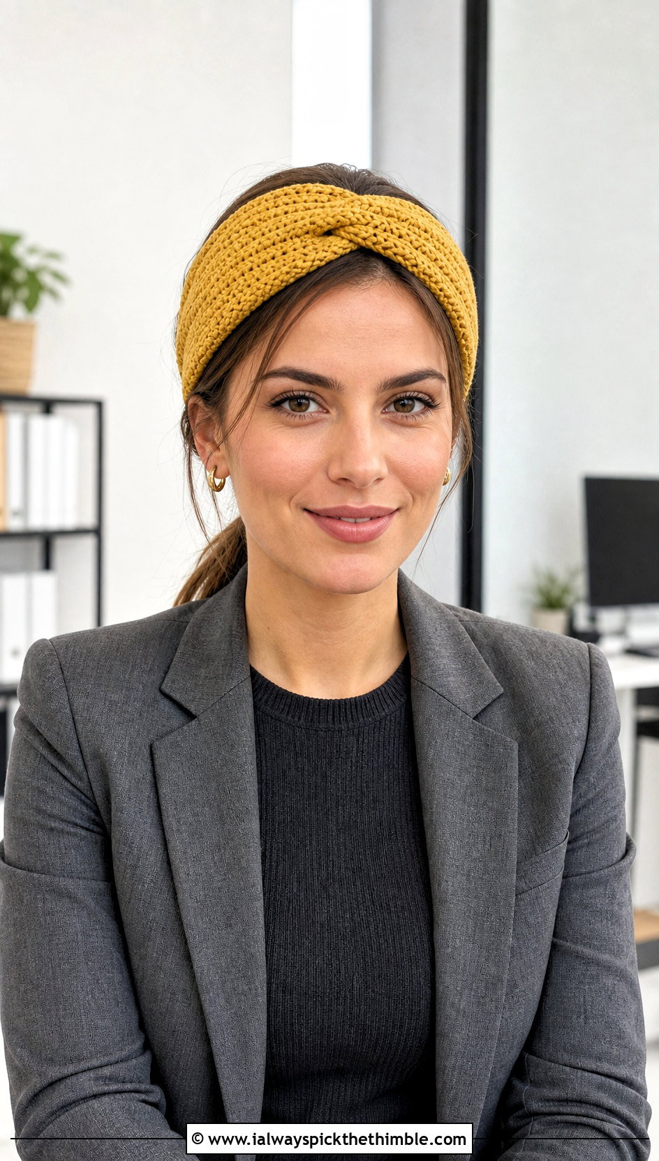 Twisted Crochet Headband With Blazer And Trousers - 20 crochet headband for women outfit ideas