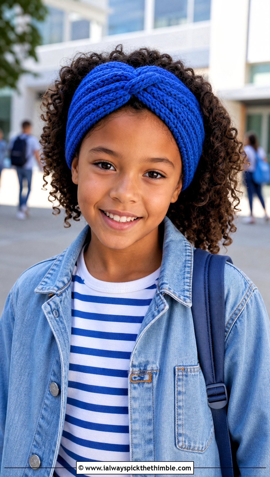 Twisted Crochet Headband With Denim Chore Jacket - 15 Childrens Crochet Headband outfit ideas