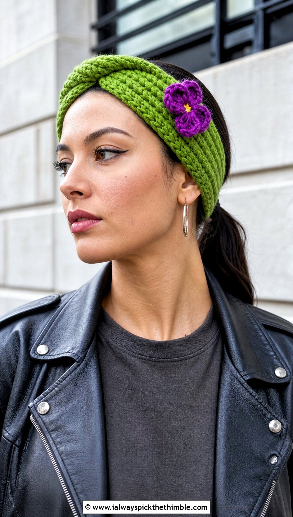 Twisted Crochet Headband With Leather Jacket Outfit - 15 crochet headband with purple flower outfit ideas