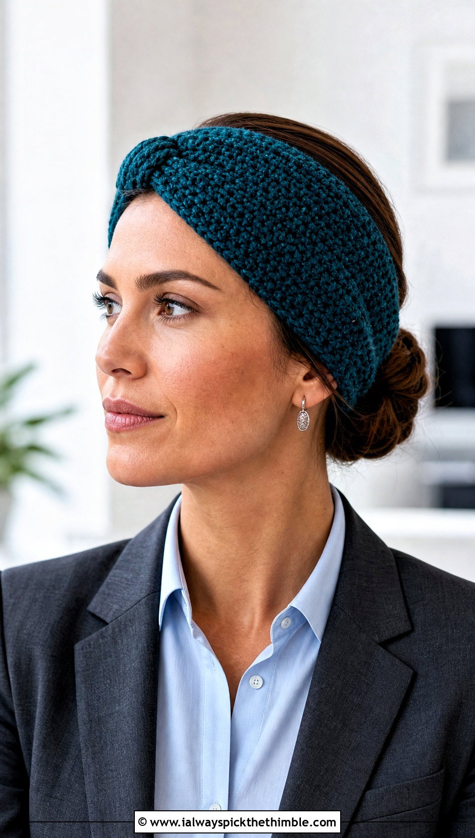 Twisted Crochet Headband With Office Suit - 20 crochet for headbands outfit ideas