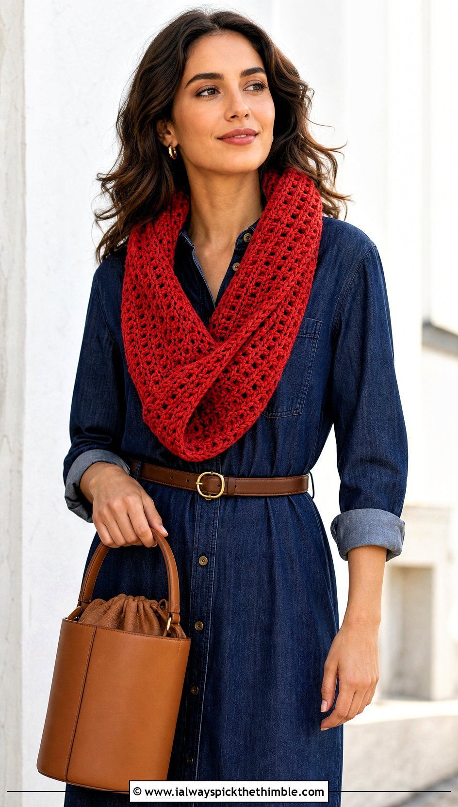 Twisted Crochet Infinity Scarf With Denim Dress - 20 easy crochet infinity scarf outfit ideas
