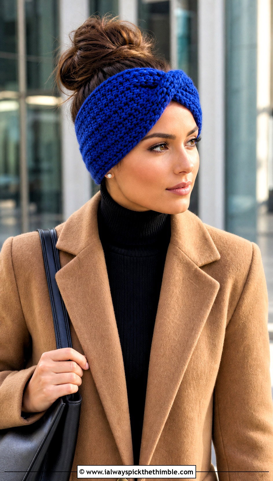 Twisted Crochet Messy Bun Ear Warmer With Wool Coat - 20 Crochet Messy Bun Ear Warmer outfit ideas