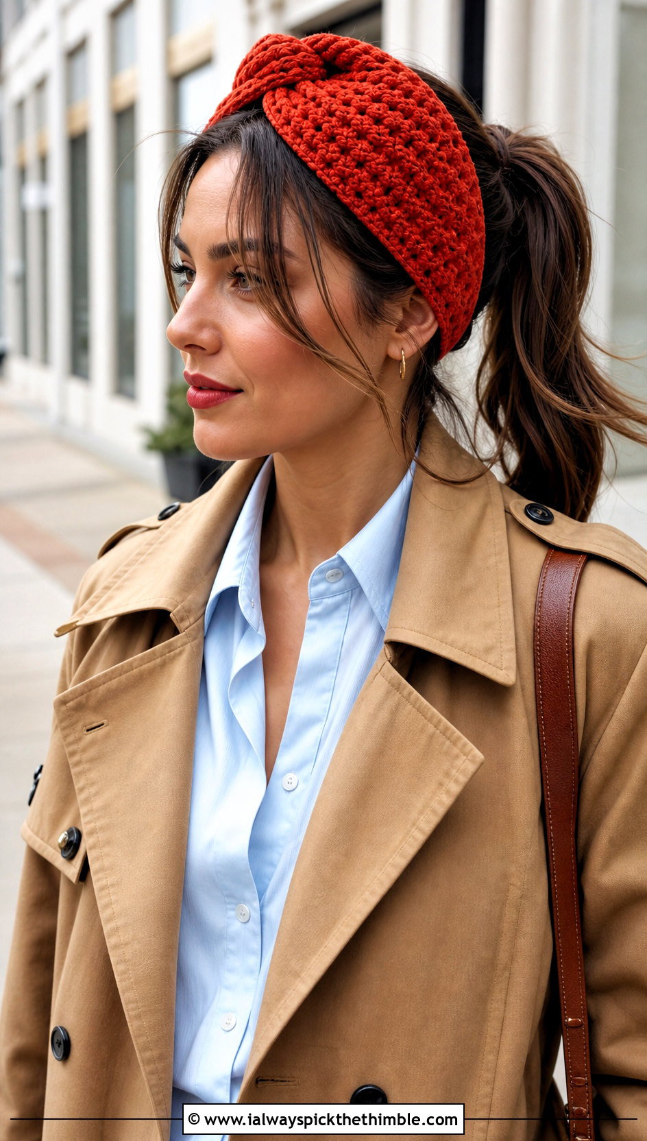 Twisted Crochet Ponytail Headband With Trench Coat - 20 Crochet Ponytail Headband outfit ideas